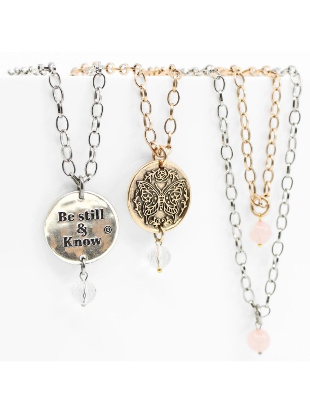 NWT Katia Designs BE STILL & KNOW Butterfly Silvertone Necklace - Picture 2 of 7